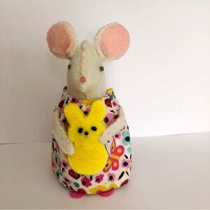 Cute felt mouse Art Doll  holding yellow felt marshmallow treat bunny Easter